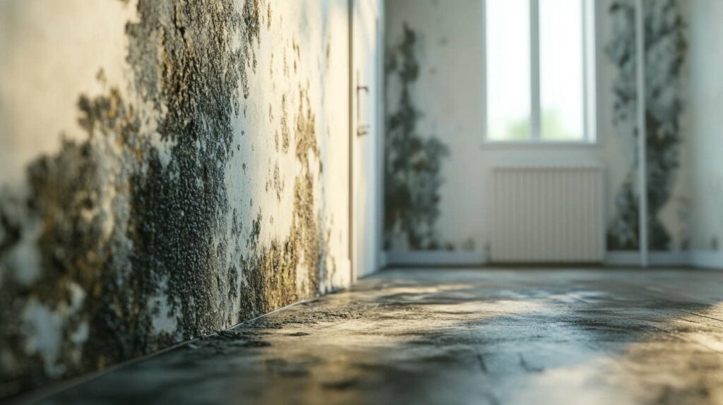 Mold-covered walls and floor in a sunlit, neglected room with a window and radiator.