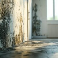 Mold-covered walls and floor in a sunlit, neglected room with a window and radiator.