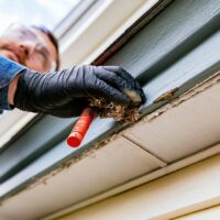 Person wearing black gloves removing a wasp nest from a house eave using a tool.