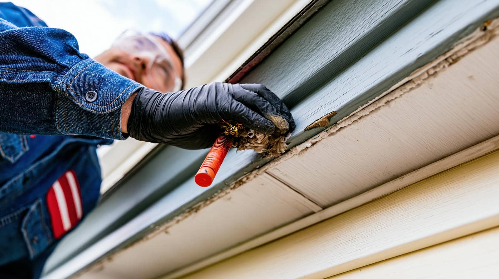 Person wearing black gloves removing a wasp nest from a house eave using a tool.