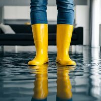Person wearing yellow rain boots standing in flooded room.