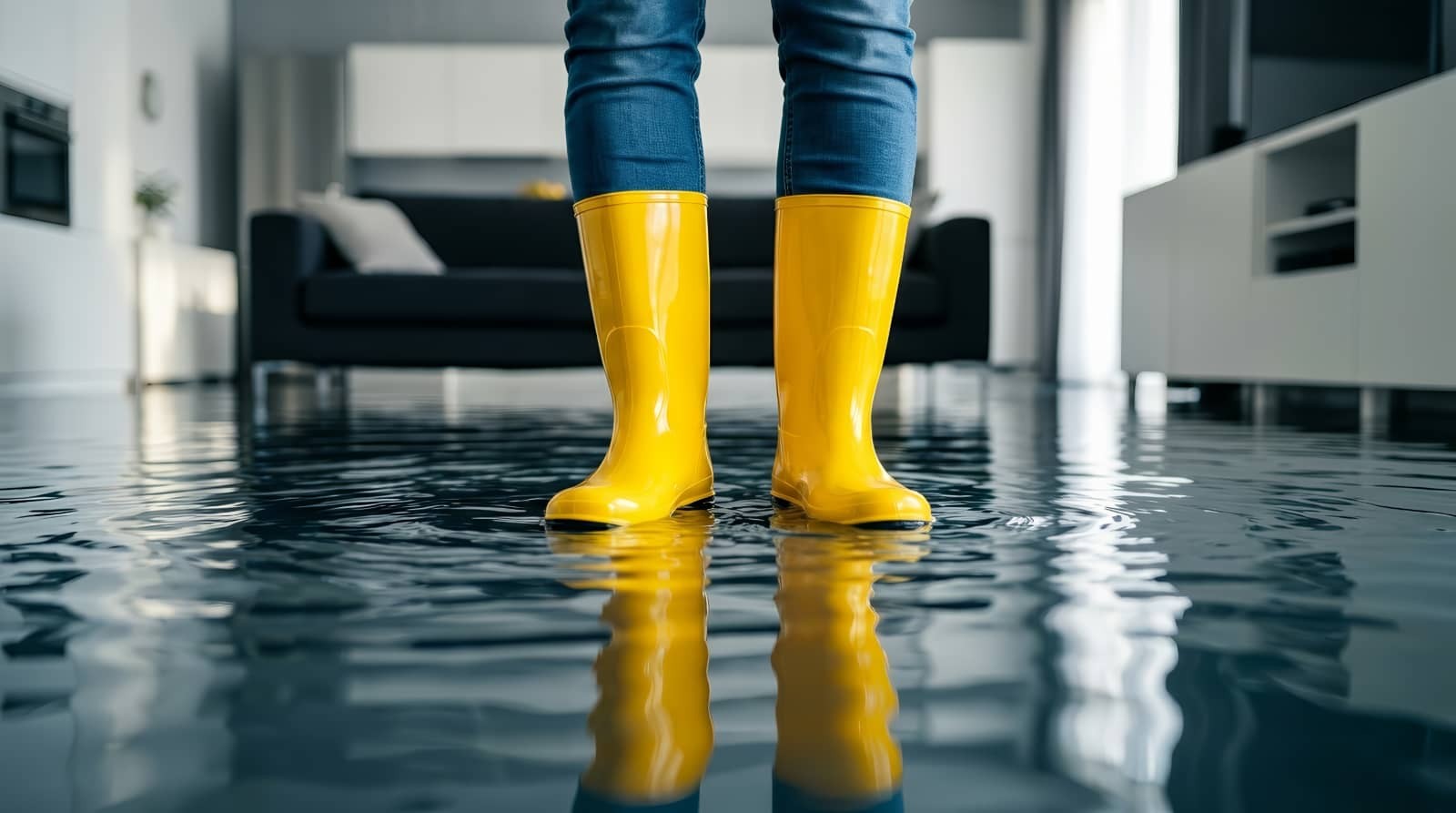 Person wearing yellow rain boots standing in flooded room.