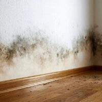 Black mold growing along the base of white walls and wooden floor in a corner.