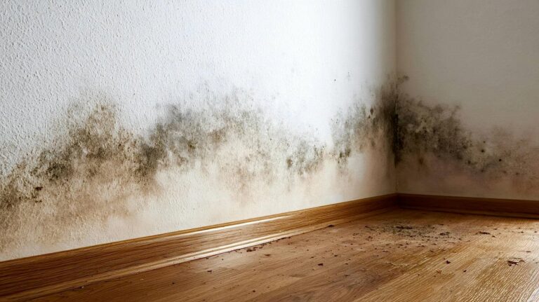 Black mold growing along the base of white walls and wooden floor in a corner.