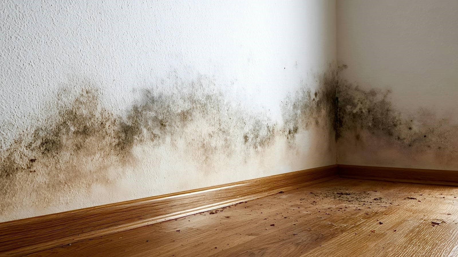 Black mold growing along the base of white walls and wooden floor in a corner.