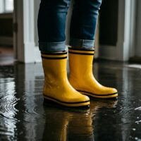 Person wearing yellow rain boots standing in a puddle of water indoors.