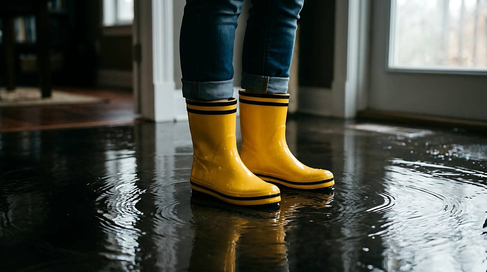 Person wearing yellow rain boots standing in a puddle of water indoors.