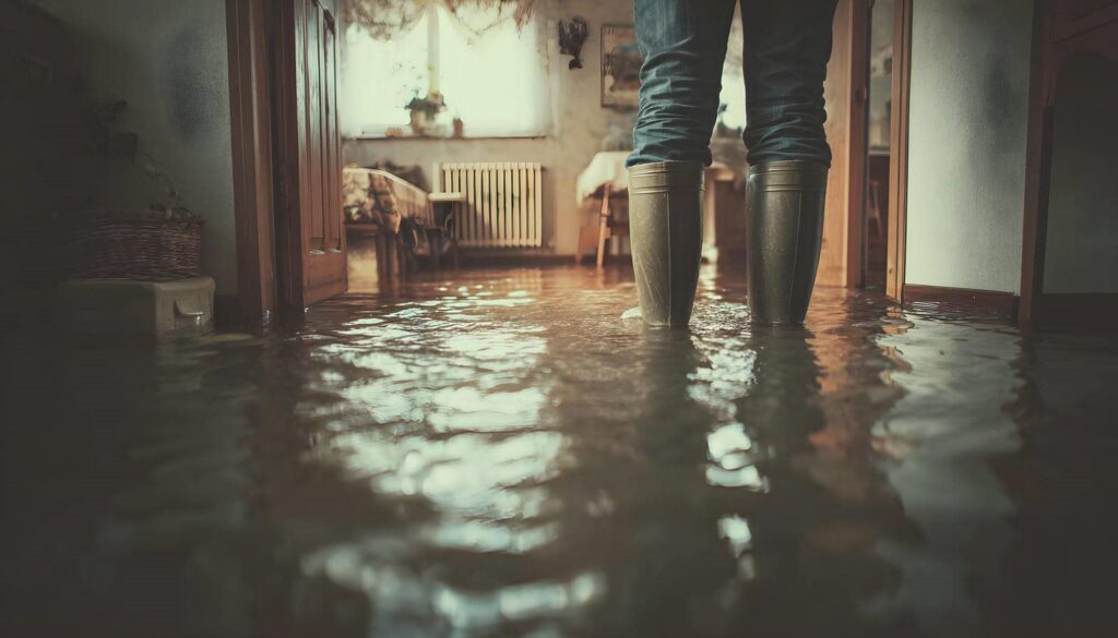 Person wearing boots standing in a flooded room with water covering the floor.