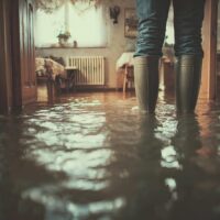 Person wearing boots standing in a flooded room with water covering the floor.