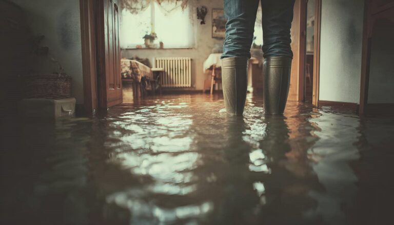 Person wearing boots standing in a flooded room with water covering the floor.