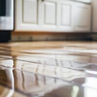 Flooded kitchen floor reflecting cabinets and sunlight.