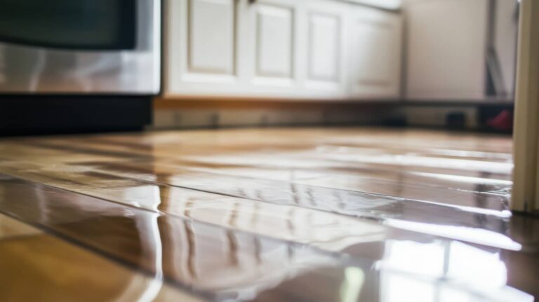 Flooded kitchen floor reflecting cabinets and sunlight.