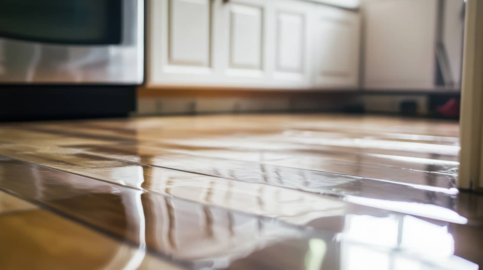 Flooded kitchen floor reflecting cabinets and sunlight.
