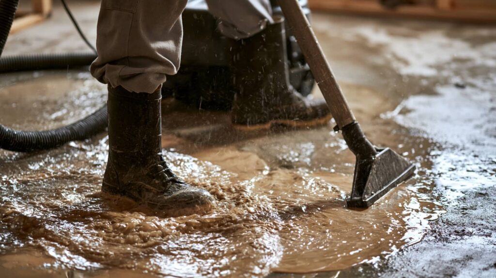 Worker cleaning muddy water with a floor extractor in boots.