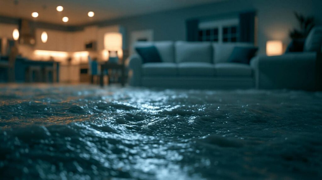 Water flooding a living room with a sofa and lit lamps in the background.