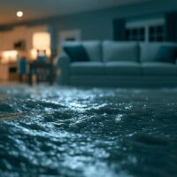 Water flooding a living room with a sofa and lit lamps in the background.