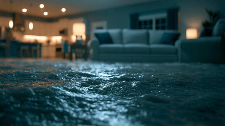 Water flooding a living room with a sofa and lit lamps in the background.