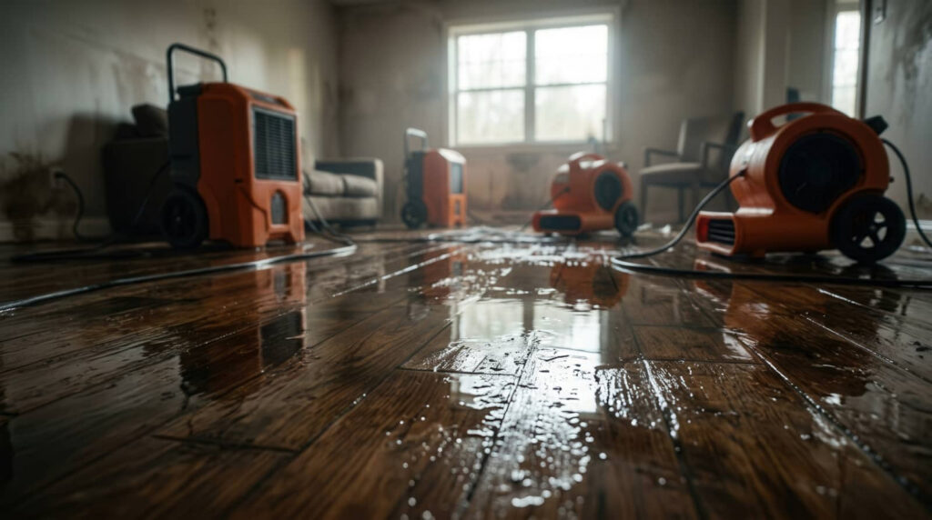 Water-damaged room with dehumidifiers on a wet hardwood floor.
