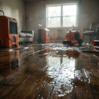 Water-damaged room with dehumidifiers on a wet hardwood floor.