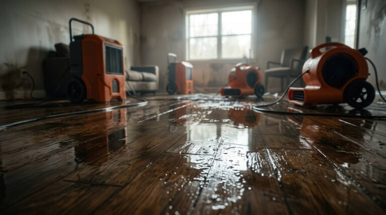 Water-damaged room with dehumidifiers on a wet hardwood floor.