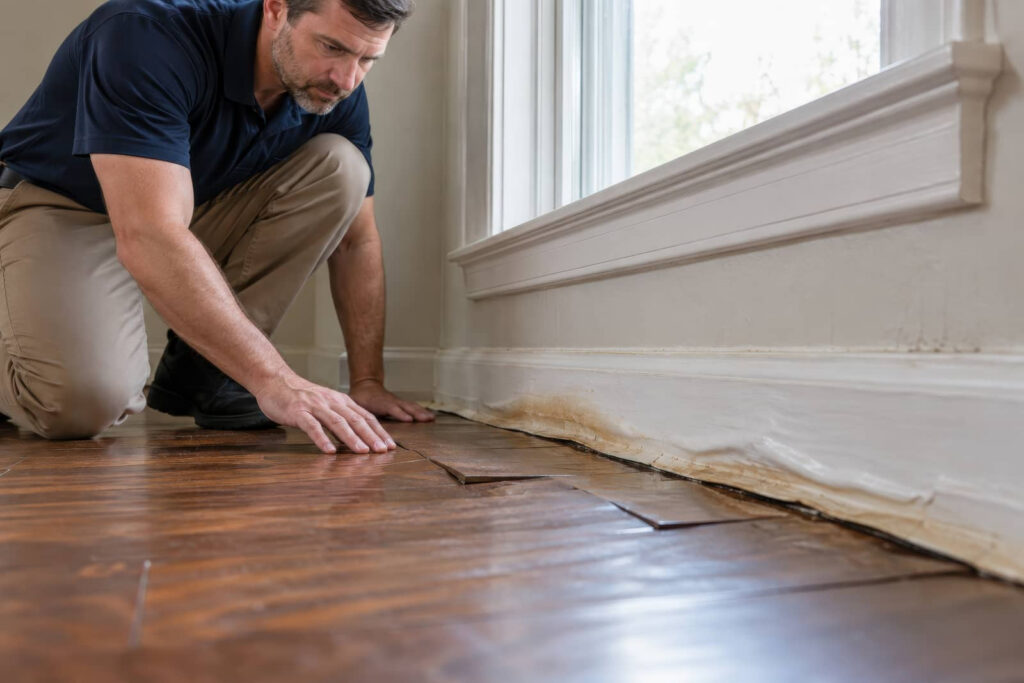 Man inspecting water-damaged hardwood floor by a wall.