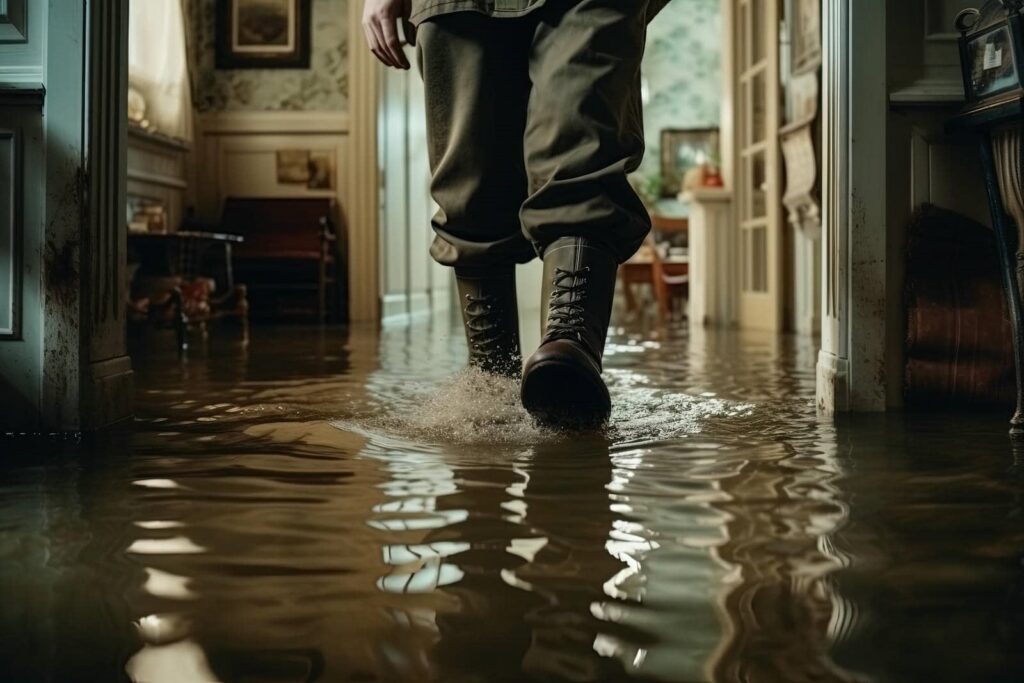 Person wearing boots walking through a flooded indoor hallway with water splashing around their feet.