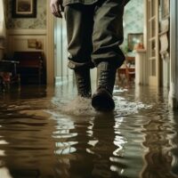 Person wearing boots walking through a flooded indoor hallway with water splashing around their feet.
