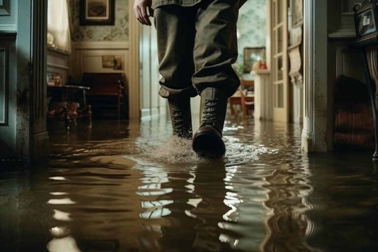 Person wearing boots walking through a flooded indoor hallway with water splashing around their feet.