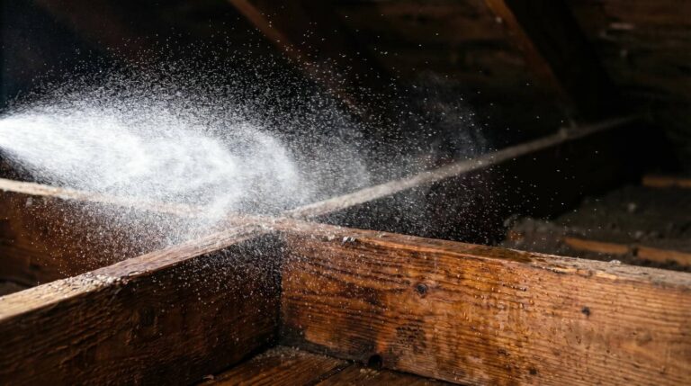 Water spraying from a leak onto wooden beams in a dark attic or crawl space.