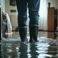 Person wearing black rubber boots standing in a flooded room with water covering the floor.