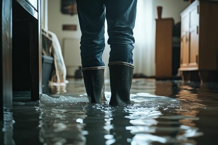 Person wearing black rubber boots standing in a flooded room with water covering the floor.