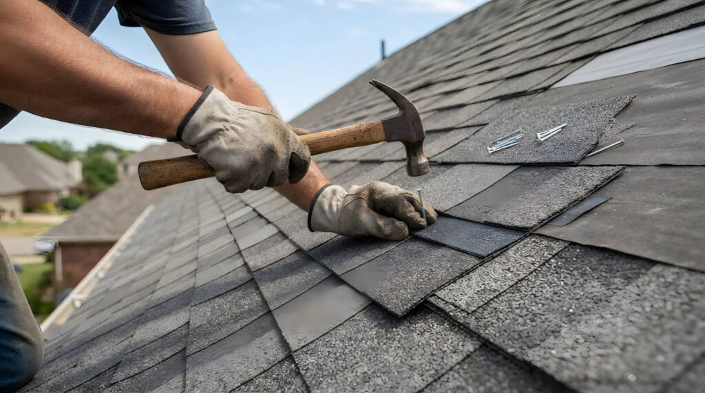 Roofing worker hammering shingles on a house roof.