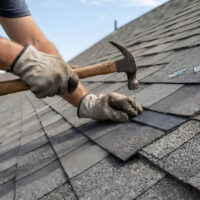 Roofing worker hammering shingles on a house roof.