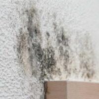 Black mold growing on a textured white wall near a wooden shelf corner.