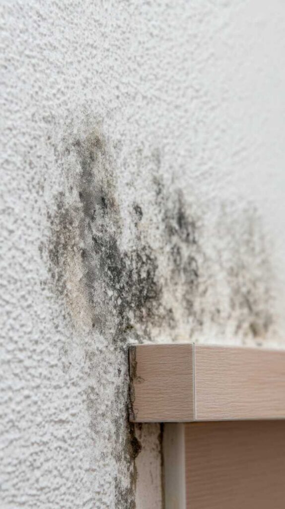 Black mold growing on a textured white wall near a wooden shelf corner.
