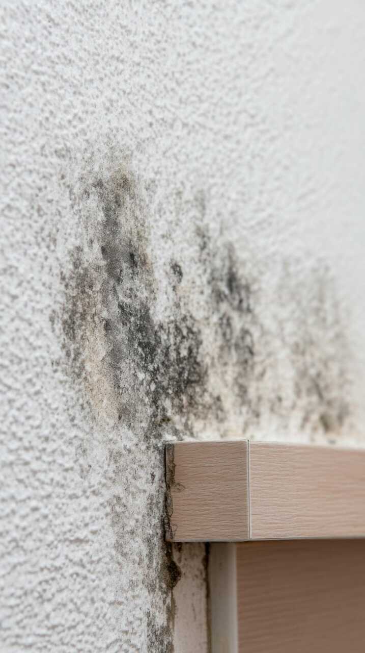 Black mold growing on a textured white wall near a wooden shelf corner.