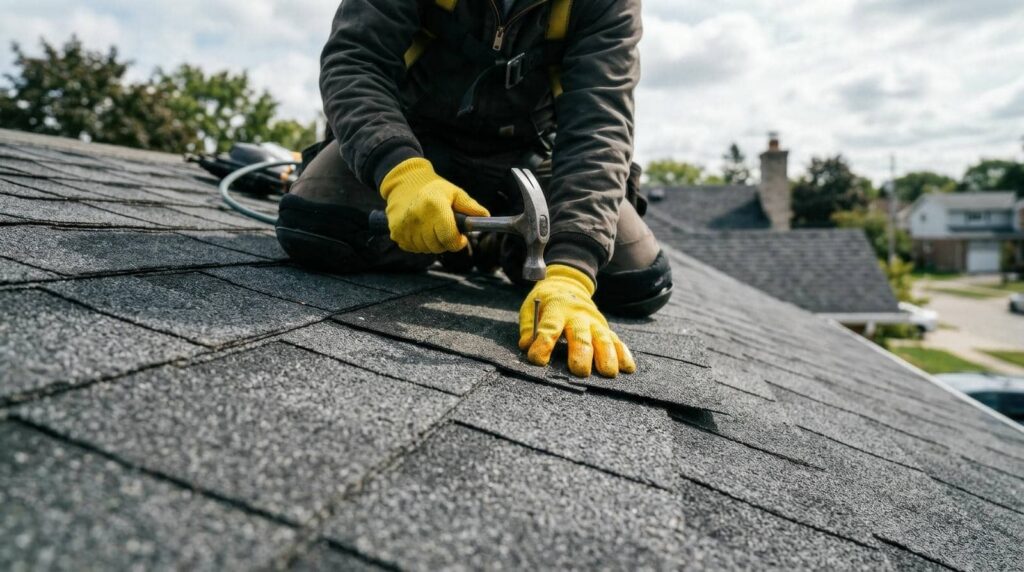 Person wearing yellow gloves using a hammer to nail shingles on a roof.