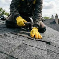 Person wearing yellow gloves using a hammer to nail shingles on a roof.