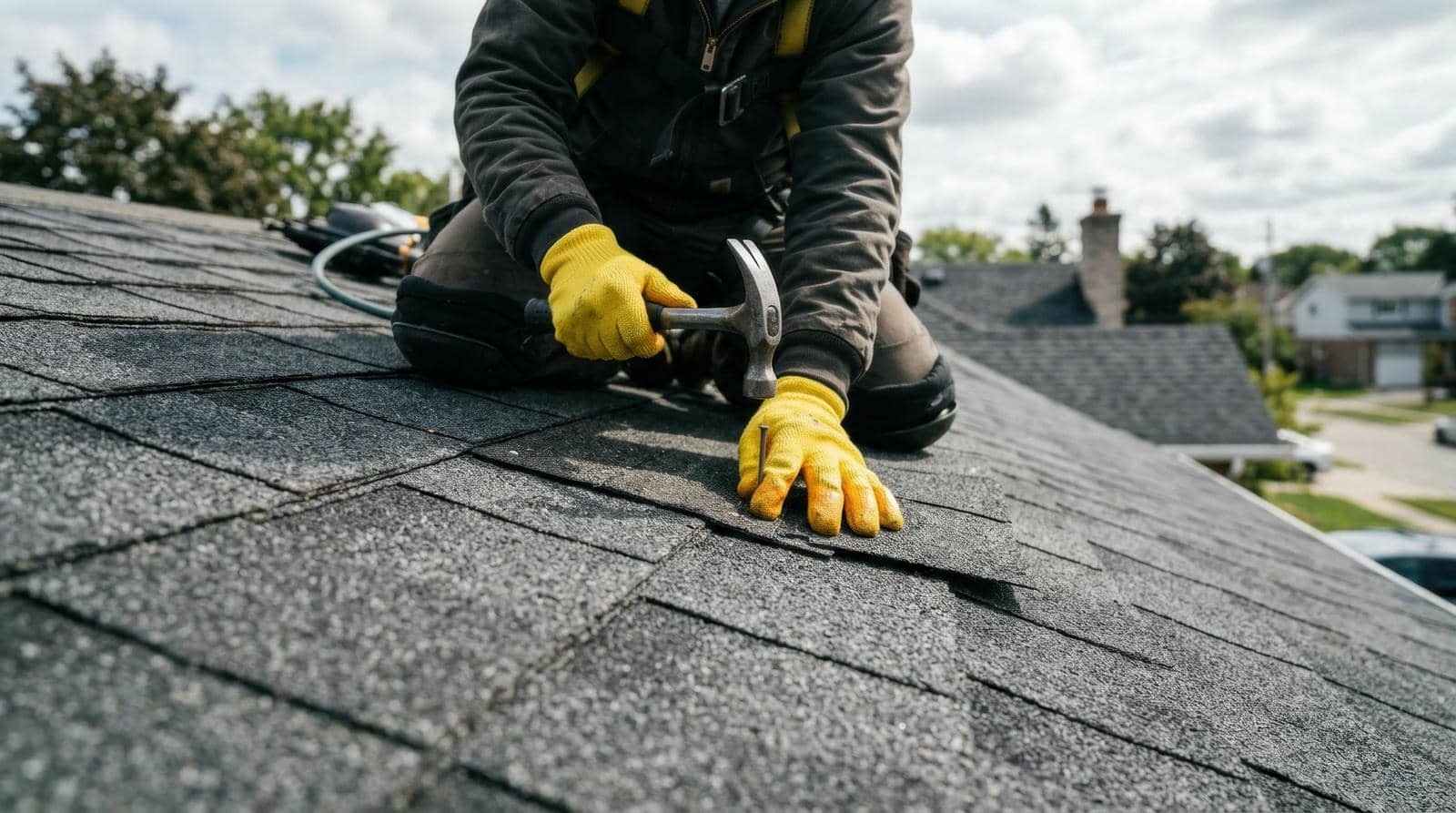Person wearing yellow gloves using a hammer to nail shingles on a roof.