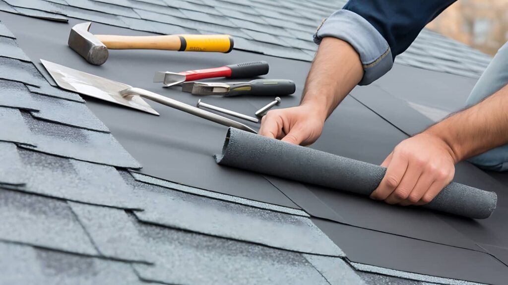 Roofing worker installing shingles with tools on a roof.