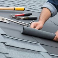 Roofing worker installing shingles with tools on a roof.