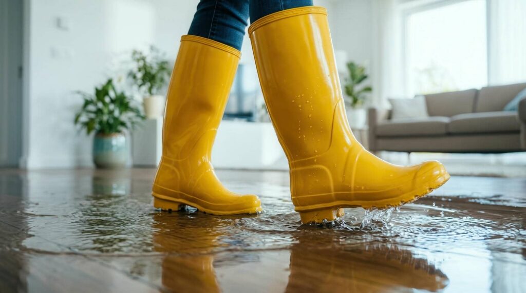 Person wearing yellow rain boots stepping in water on a flooded wooden floor indoors.
