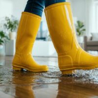 Person wearing yellow rain boots stepping in water on a flooded wooden floor indoors.