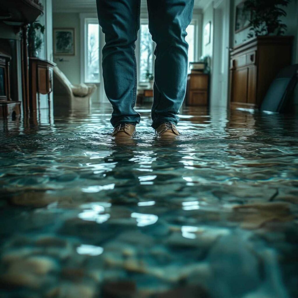 Person standing in water flooding a living room, water reaching above their shoes.