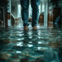 Person standing in water flooding a living room, water reaching above their shoes.