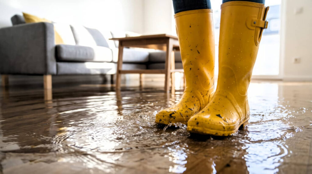 Yellow rain boots standing in a flooded living room.