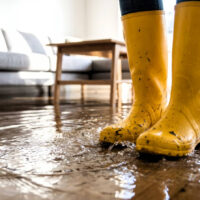 Yellow rain boots standing in a flooded living room.