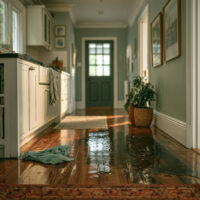 Flooded hallway with water on the wooden floor and a towel on the ground.