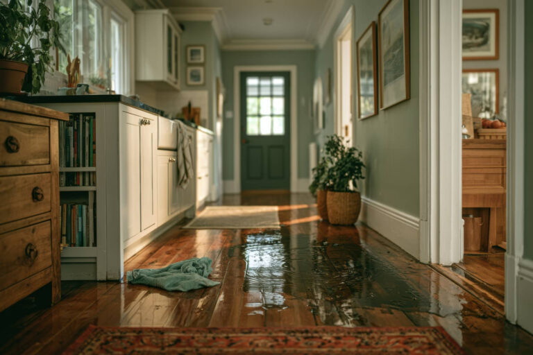 Flooded hallway with water on the wooden floor and a towel on the ground.