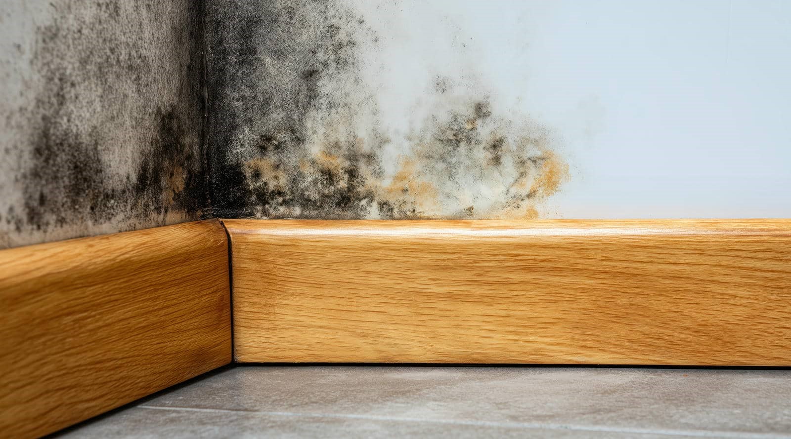 Black mold growing on a corner wall above wooden baseboards and tiled floor.